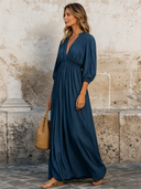 Women's Vacation Casual Fitted V-neck Solid Color Maxi Dress ZMZ2955E3XT