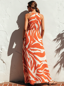 Women's Vacation Maxi Dress: Vibrant Orange Pattern, V-Neck, Sleeveless ZMZ2652E7SWL