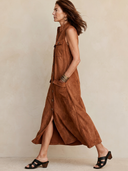 Women's Solid Color Faux Suede Stand Collar Single-breasted Sleeveless Maxi Dress ZMZ2921E1XT