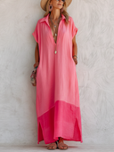 Women's Casual & Vibrant Pink Cotton-Linen V-Neck Loose Maxi Dress ZMZ0117F5SWL