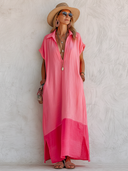 Women's Casual & Vibrant Pink Cotton-Linen V-Neck Loose Maxi Dress ZMZ0117F5SWL