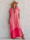 Women's Casual & Vibrant Pink Cotton-Linen V-Neck Loose Maxi Dress ZMZ0117F5SWL
