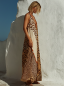 Women's Bohemian Resort Style Chiffon Mixed Animal Print Halter Neck Maxi Dress ZMZ2941E7YZH