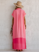 Women's Casual & Vibrant Pink Cotton-Linen V-Neck Loose Maxi Dress ZMZ0117F5SWL