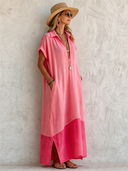 Women's Casual & Vibrant Pink Cotton-Linen V-Neck Loose Maxi Dress ZMZ0117F5SWL