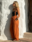 Women's Casual & Vibrant Orange Cotton Tie-waist Straight Leg Overalls ZMZ0133F0SWL
