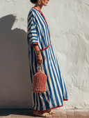 Women's Coastal Resort Style Cotton-Blend Stripe Print Henley Neck Three-Quarter Sleeve Kaftan Maxi Dress ZMZ0157F8YZH