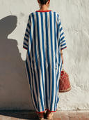 Women's Coastal Resort Style Cotton-Blend Stripe Print Henley Neck Three-Quarter Sleeve Kaftan Maxi Dress ZMZ0157F8YZH