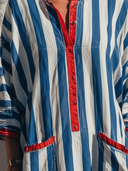 Women's Coastal Resort Style Cotton-Blend Stripe Print Henley Neck Three-Quarter Sleeve Kaftan Maxi Dress ZMZ0157F8YZH