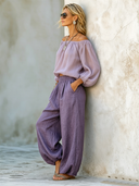 Women's Lavender Off-the-Shoulder Chiffon Top And Cotton-Linen Elastic-Waist Wide-Leg Pants Set ZMZ2942E8SWL
