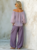 Women's Lavender Off-the-Shoulder Chiffon Top And Cotton-Linen Elastic-Waist Wide-Leg Pants Set ZMZ2942E8SWL