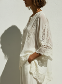 Women's Bohemian Resort Style Cotton-Lace Trimmed V-Neck Three-Quarter Sleeve Tunic ZMZ0185F8YZH
