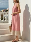 Women's Vacation Casual Style Linen-Cotton Halter Neck Color-Block A-Line Midi Dress ZMZ0167F1YZH