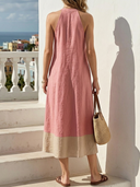 Women's Vacation Casual Style Linen-Cotton Halter Neck Color-Block A-Line Midi Dress ZMZ0167F1YZH
