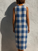 Women's Vacation Casual Style Cotton-Blend Gingham Check Contrast Trim Sleeveless Shift Midi Dress ZMZ0176F0YZH