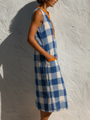 Women's Vacation Casual Style Cotton-Blend Gingham Check Contrast Trim Sleeveless Shift Midi Dress ZMZ0176F0YZH