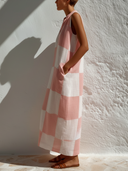 Women's Vacation Casual Style Cotton-Blend Gingham Check Sleeveless Stand Collar Maxi Dress ZMZ0164F0YZH