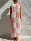 Women's Vacation Casual Style Cotton-Blend Gingham Check Sleeveless Stand Collar Maxi Dress ZMZ0164F0YZH