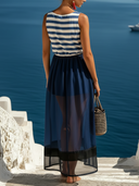Women's Coastal Resort Style Striped Sleeveless Chiffon Hem Midi Dress ZMZ0104F7YZH
