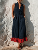 Women's Vacation Style Linen-Cotton Stand Collar Sleeveless Elastic Waist Ruffle Hem Midi Dress ZMZ0277F1YZH