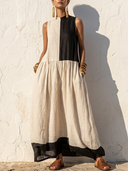 Women's Old Money Resort Style Linen Color Block Sleeveless Gathered Waist Maxi Dress ZMZ0200F7YZH