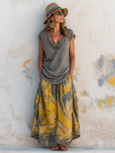 Women's Casual V-Neck Short-Sleeve T-Shirt And Patterned Skirt Set ZMZ0214F1SWL