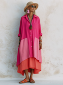 Women's Classic Vibrant Color-block Pink Shirt Midi Dress ZMZ0217F8SWL