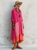 Women's Classic Vibrant Color-block Pink Shirt Midi Dress ZMZ0217F8SWL