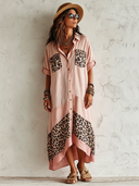 Women's Classic Pink Cotton Loose-Fit Short-Sleeve Dress With Leopard Print Paneling ZMZ0236F7SWL