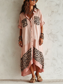 Women's Classic Pink Cotton Loose-Fit Short-Sleeve Dress With Leopard Print Paneling ZMZ0236F7SWL