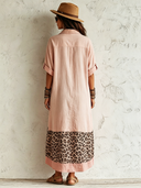 Women's Classic Pink Cotton Loose-Fit Short-Sleeve Dress With Leopard Print Paneling ZMZ0236F7SWL