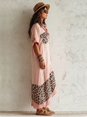 Women's Classic Pink Cotton Loose-Fit Short-Sleeve Dress With Leopard Print Paneling ZMZ0236F7SWL