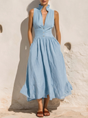 Women's Coastal Vacation Style Linen-Cotton Stand Collar Sleeveless Waisted Ruffle Hem Midi Dress ZMZ0269F6YZH