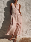 Women's Vacation Casual Style Linen-Cotton Sleeveless Collared Tiered Shirt Maxi Dress ZMZ0208F5YZH