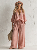 Women's Elegant Pink Cotton-Linen Set: V-Neck Lace Top And Elastic-Waist Straight-Leg Pants ZMZ0249F3SWL
