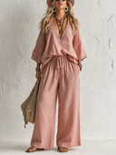 Women's Elegant Pink Cotton-Linen Set: V-Neck Lace Top And Elastic-Waist Straight-Leg Pants ZMZ0249F3SWL