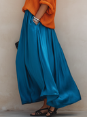Women's Fashionable Casual Vacation-Style Elastic Waist Satin Skirt ZMZ0231F9ZYY