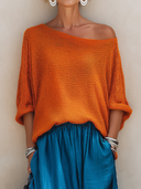 Women's Fashion & Casual Vacation-Style Off-the-Shoulder With Half Sleeves Knit T-Shirt ZMZ0268F3ZYY