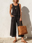 Women's Linen-Cotton Contrast Stitch Embroidered Sleeveless Tank & Cropped Wide Leg Pants Co-ord Set ZMZ0293F1YZH