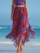 Women's Flowy Romantic Purple Chiffon Rose Print Elastic Waist Skirt ZMZ0284F5SWL