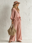Women's Elegant Pink Cotton-Linen Set: V-Neck Lace Top And Elastic-Waist Straight-Leg Pants ZMZ0249F3SWL