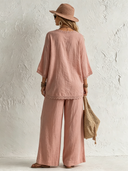 Women's Elegant Pink Cotton-Linen Set: V-Neck Lace Top And Elastic-Waist Straight-Leg Pants ZMZ0249F3SWL