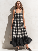Women's Vintage Casual Cotton-Linen Plaid Ruffled Sleeveless Maxi Dress ZMZ0287F1ZJY
