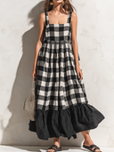 Women's Vintage Casual Cotton-Linen Plaid Ruffled Sleeveless Maxi Dress ZMZ0287F1ZJY