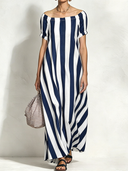 Women's Retro Casual Striped Color Block Short-Sleeve Maxi Dress ZMZ0232F3ZJY