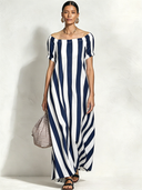 Women's Retro Casual Striped Color Block Short-Sleeve Maxi Dress ZMZ0232F3ZJY