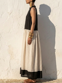Women's Old Money Resort Style Linen Color Block Sleeveless Gathered Waist Maxi Dress ZMZ0200F7YZH