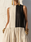 Women's Old Money Resort Style Linen Color Block Sleeveless Gathered Waist Maxi Dress ZMZ0200F7YZH