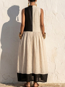 Women's Old Money Resort Style Linen Color Block Sleeveless Gathered Waist Maxi Dress ZMZ0200F7YZH