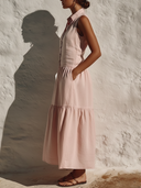Women's Vacation Casual Style Linen-Cotton Sleeveless Collared Tiered Shirt Maxi Dress ZMZ0208F5YZH